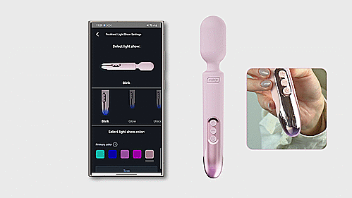 GIF showcases the KIIROO ProWand next to the cell phone app, showcasing the light at the base of the wand that can be color-customized. | Kinkly Shop