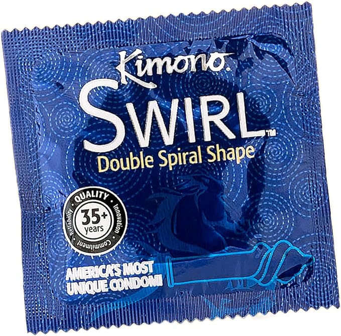 Individually wrapped condom showcases the blue standard design of the Kimono Swirl Condom | Kinkly Shop