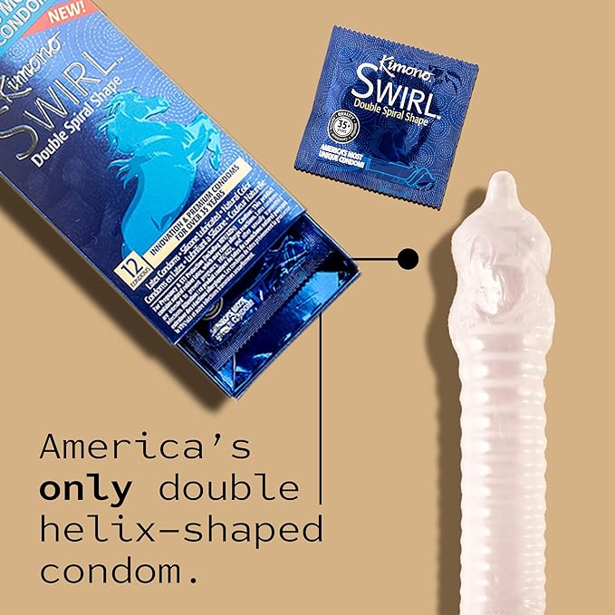 Opened, inflated condom showcases the unique, double-helix shape of the condom which includes ribbing along the shaft. | Kinkly Shop