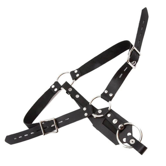 The Kinklab Anal Plug Harness with Cock Ring laying flat on a white background, showcasing the design that wraps around the person's hips when they're wearing it. | Kinkly Shop