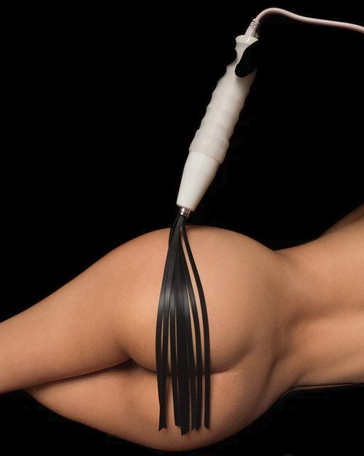 A person has the Kinklab Electro Whip installed in their Kinklab Neon Wand, and they are dangling the whip's tail on top of a person's butt. The tails are long, spanning about the entire width of the receiving person's hips. | Kinkly Shop