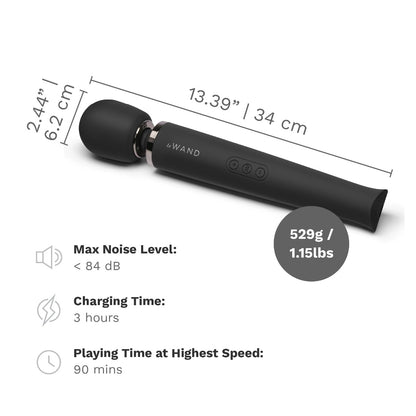 The Le Wand Rechargeable Wand in Black with measurements superimposed over top of its length. The wand massager has a 2.4" diameter head with a full length of 13.4". It's 1.15 pounds with a max noise level of <84dB. The wand massager has a charge time of 3 pounds with a playtime of 90 minutes at the highest speed. | Kinkly Shop