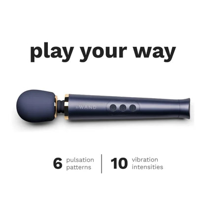 An image of the Le Wand Petite Rechargeable in navy blue has the text "Play your Way. 6 pulsation patterns. 10 vibration intensities." written on it. | Kinkly Shop