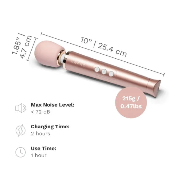 The Le Wand Petite Rechargeable with measurements superimposed over it. It's 1.85" in head diameter with a length of 10" and weight of 215grams. It has a max noise level of <72dB with a charging time of 2 hours and a use time of a full hour. | Kinkly Shop