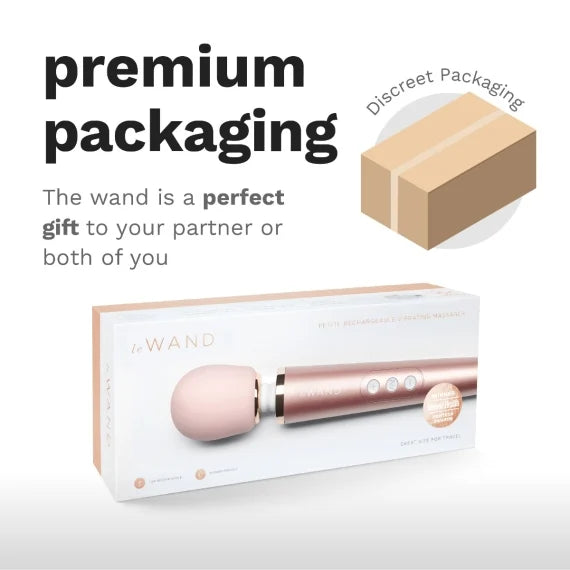 Text reads "Premium packaging. The wand is a perfect gift to your partner or both of you. Discreet packaging." It shows the high-quality, modern rectangular packaging of the Le Wand Petite Rechargeable that would make it easy to wrap. | Kinkly Shop