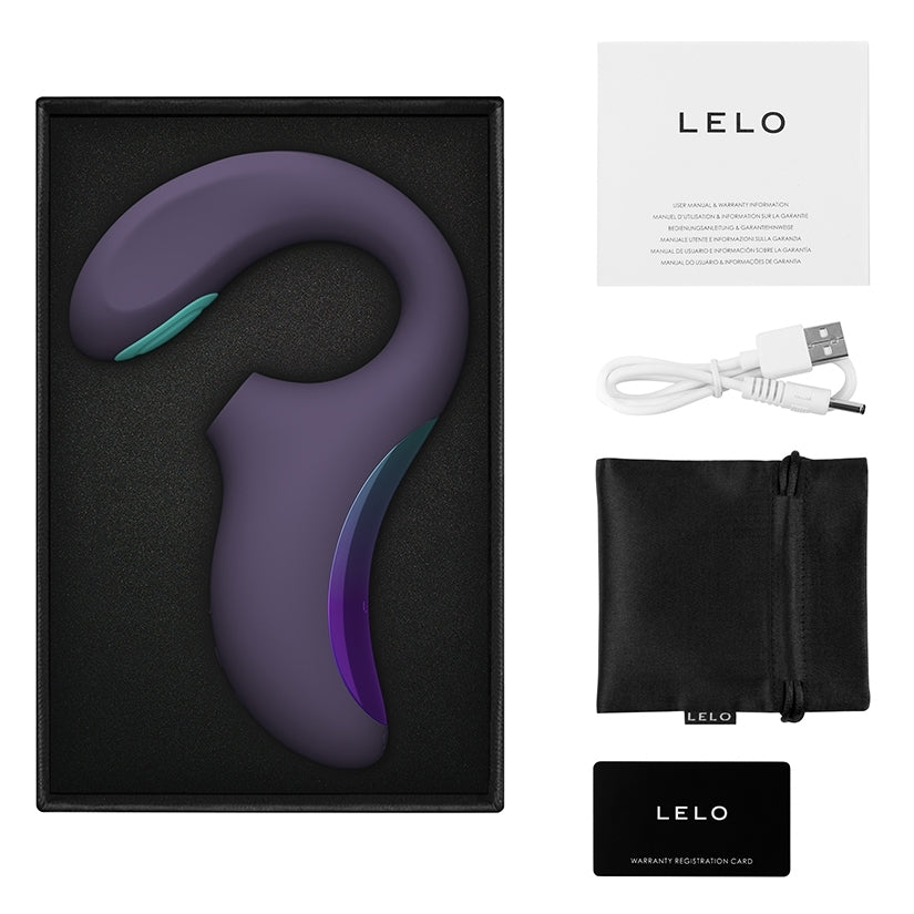 Everything included with the LELO Enigma Double Sonic. There's the vibrator, a storage bag, instruction manual, charging cable, and warranty info. | Kinkly Shop