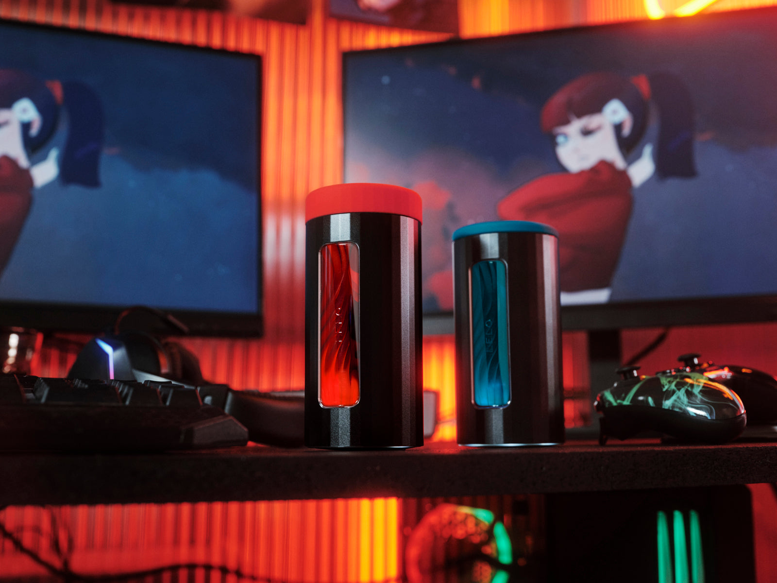 The LELO F1S V3 in Red and Blue sitting on top of a gaming desk. | Kinkly Shop