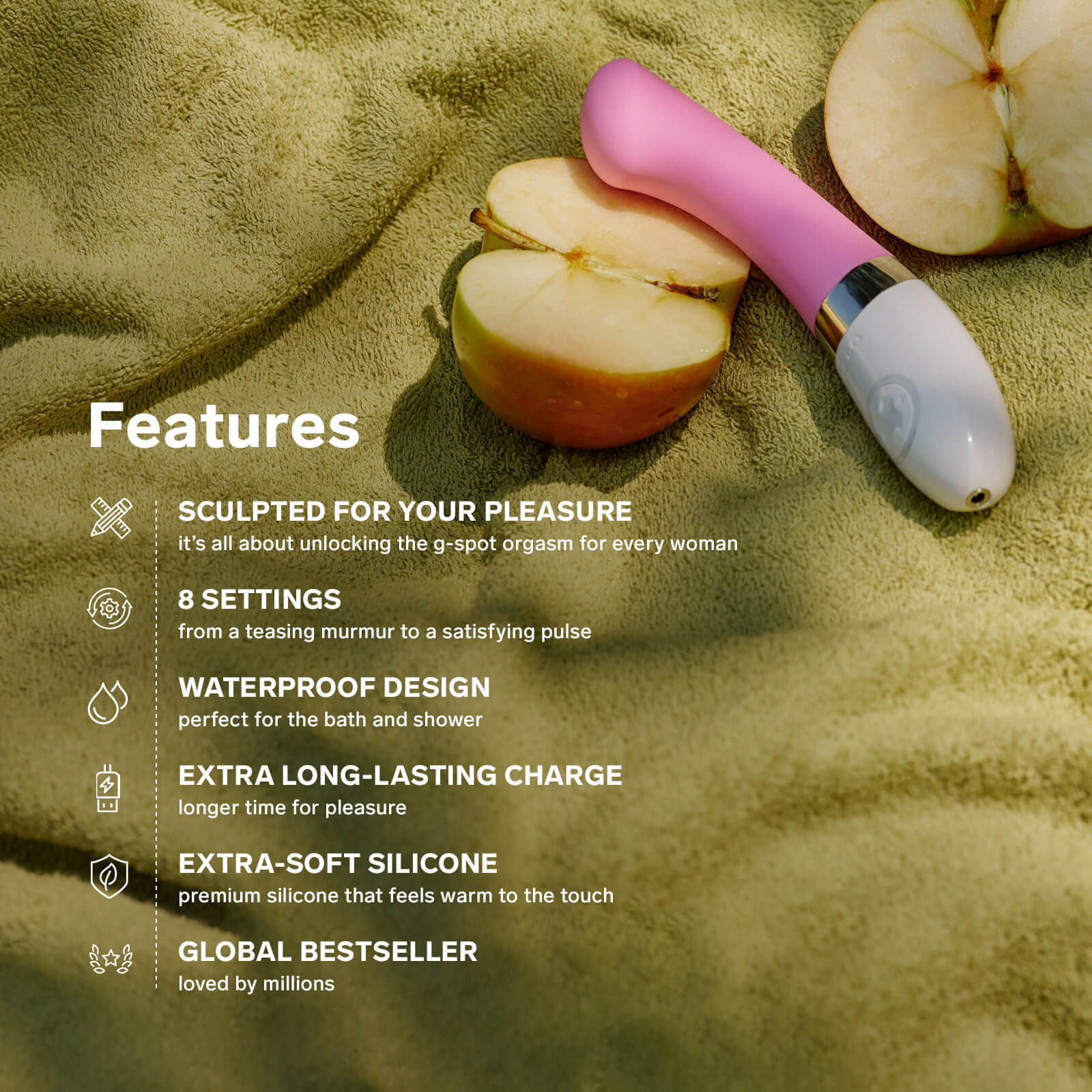 The LELO GIGI 2 lays on top of a cut-in-half apple with features listed next to it. Text reads: Sculpted for your pleasure. 8 settings from a teasing murmur to a satisfying pulse. Waterproof design perfect for bath and shower. Extra long-lasting charge for more pleasure. Extra-soft silicone. Premium silicone that feels warm to the touch. Global bestseller loved by millions." | Kinkly Shop
