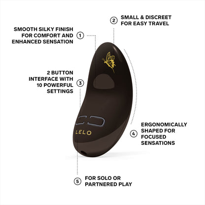 LELO NEA 3 in pitch black against a plain white background with features displayed around the vibrator. Text for the features includes: "Smooth silky finish for comfort and enhanced sensation. Small and discreet for easy travel. 2 button interface with 10 powerful settings. Ergonomically shaped for focused sensations. For solo or partnered play" | Kinkly Shop