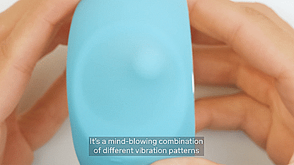 GIF showcases the "tongue" of the LELO Ora 3 in action, showing how it swirls around within the thin silicone layer to simulate oral sex. The "tongue" swirls back and forth, side to side, and a full 360-degree circle. The text on the bottom of the GIF reads "It's a mind-blowing combination of different vibration patterns". | Kinkly Shop