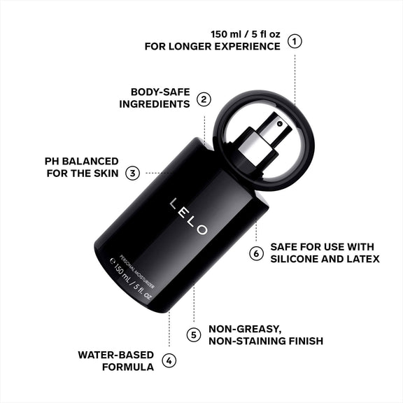 Illustrated bottle on a white background with feature text around it. Text reads: "150 ml for longer experience. Body-safe ingredients. pH balanced for skin. Safe for use with silicone and latex. Non-greasy, non-staining finish. Water-based formula." | Kinkly Shop