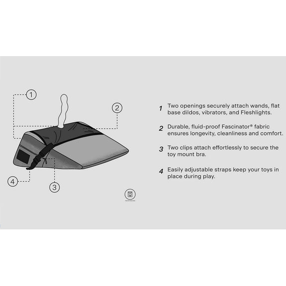 Illustration of the Liberator Birdi Sex Toy Mount Add-On over a Wedge with features written next to it. Text reads: "Two openings securely attach wands, flat base dildos, vibrators, and Fleshlights. Durable fluid-proof Fascinator fabric ensures longevity, cleanliness, and comfort. 2 clips attach effortlessly to secure the toy mount bra. Easily adjustable straps keep your toys in place during play. Machine washable." | Kinkly Shop