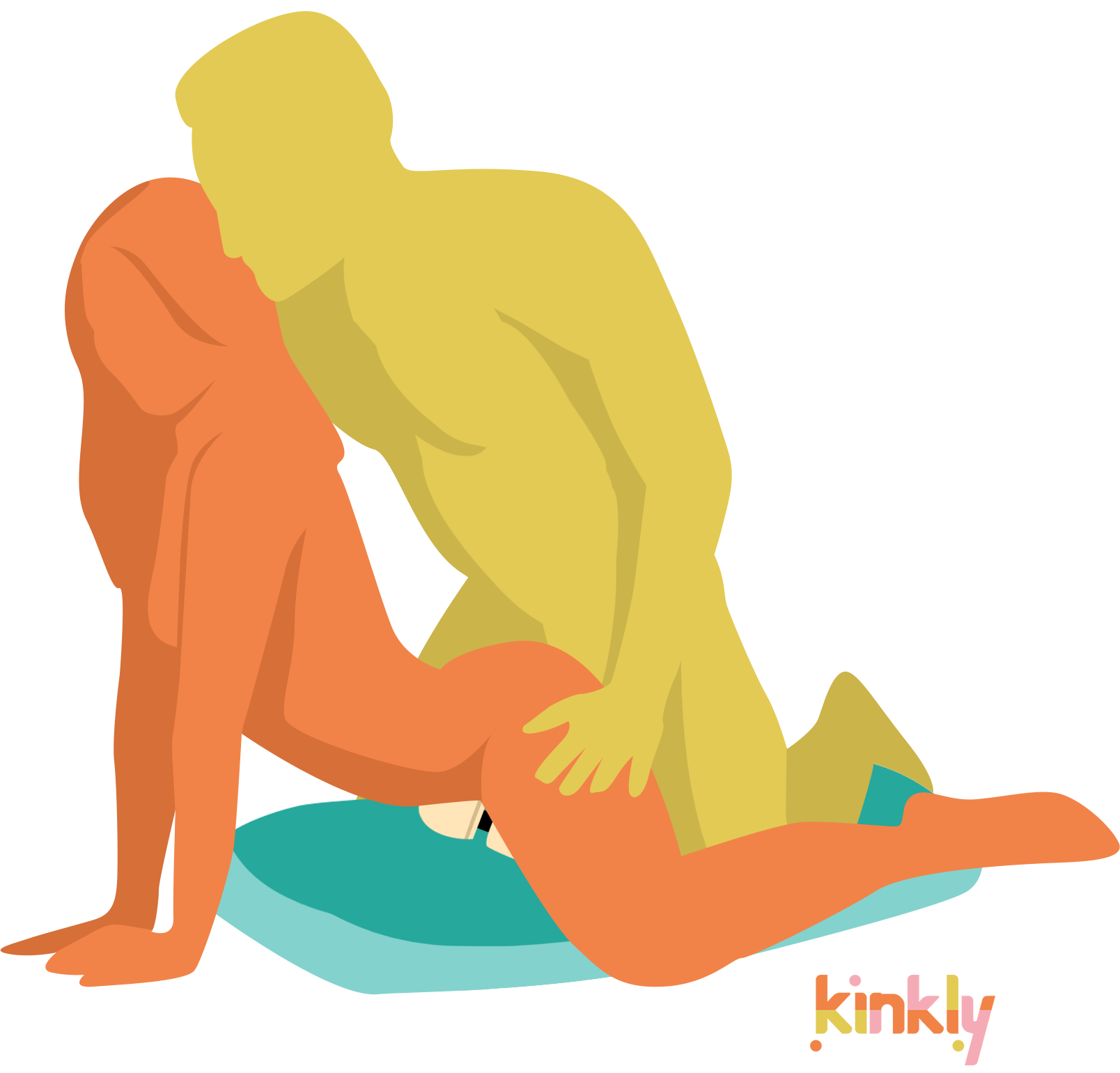 Illustration showing the Liberator Humphrey being used for coupled intercourse. A wand massager is tucked into the Humphrey. The receiving partner is resting on top of the wand massager, leaning forward on their hands and knees. The penetrating partner is kneeling behind them, pressing into them as the receiving partner presses themselves against the Humphrey. The Liberator Humphrey holds the wand massager hands-free. | Kinkly Shop