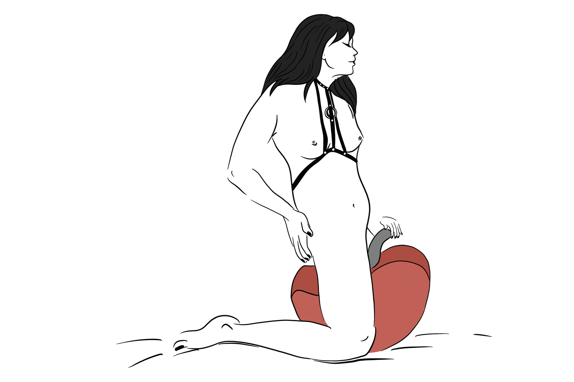 A person wearing a chest harness is kneeling on a bed. Their legs are straddling around the Liberator Pulse. The Pulse has a dildo protruding from it. | Kinkly Shop