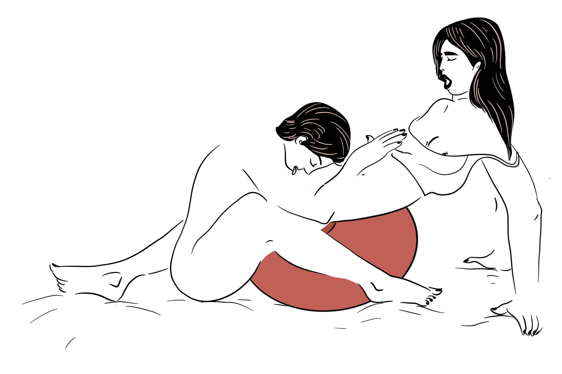 Illustration shows two people using the Liberator Pulse. A person is resting their hips on top of the elevated surface of the Liberator Pulse. The giving partner is sitting on their butt in front of the Pulse, providing oral sex to the person sitting on the Pulse. | Kinkly Shop