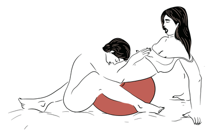 Illustration shows two people using the Liberator Pulse. A person is resting their hips on top of the elevated surface of the Liberator Pulse. The giving partner is sitting on their butt in front of the Pulse, providing oral sex to the person sitting on the Pulse. | Kinkly Shop
