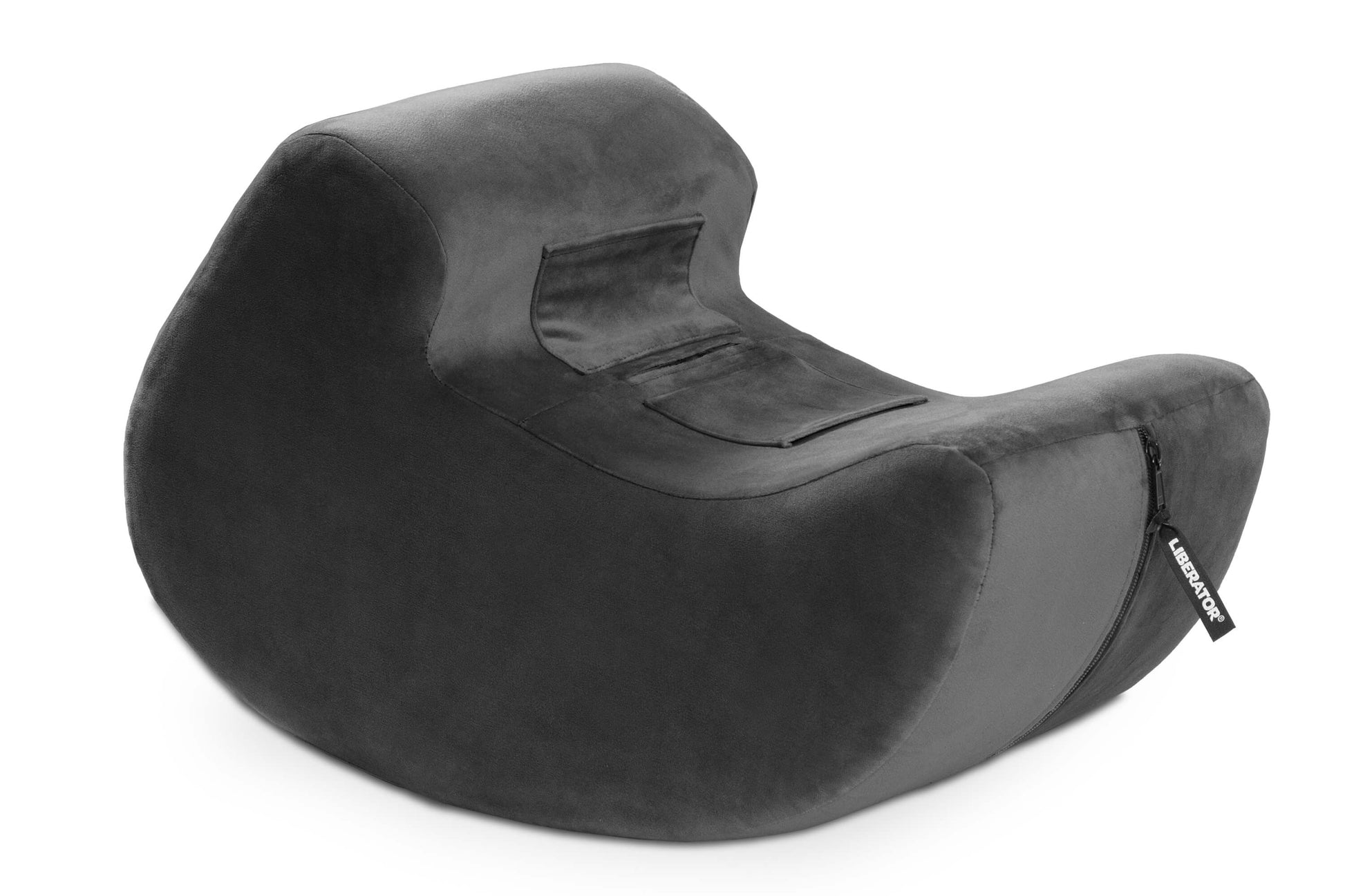 The Liberator Pulse in Black up against a plain white background. It has a shape like a sideways comma with a rocking base that allows the shape to rock backwards and forwards with ease. | Kinkly Shop