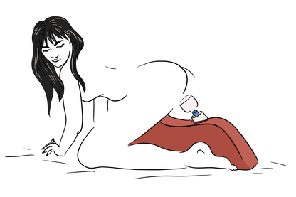 A naked person is on all fours on top of a bed. The Liberator Wanda is in-between their knees, holding a wand massager head at an angled height. The person is backing themselves onto the wand massager's head for hands-free pleasure. | Kinkly Shop