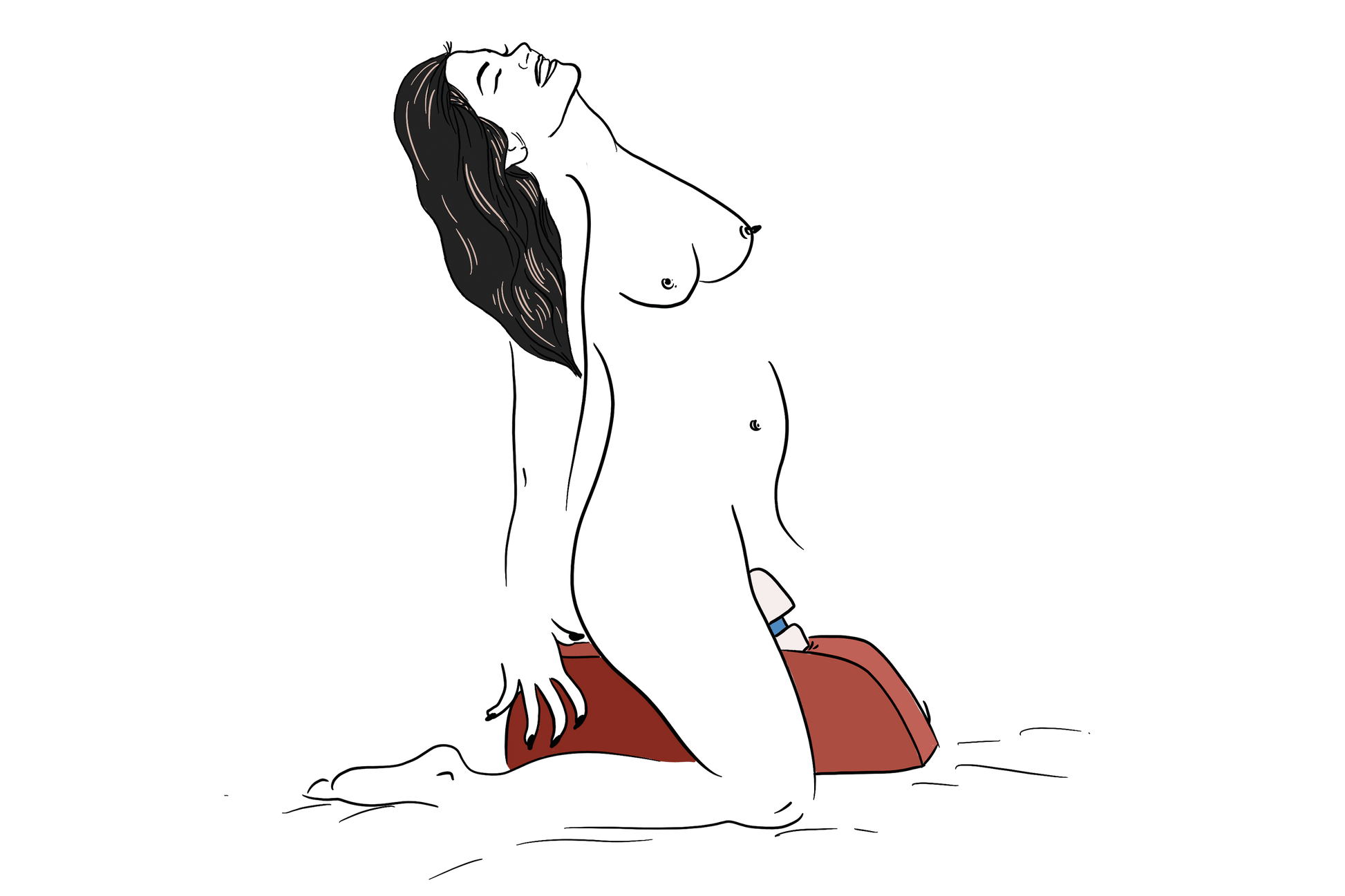Illustration shows a naked person kneeling on top of a bed, their knees wrapped around either side of the Liberator Wanda. They are straddling the head of a wand massager to enjoy the vibrations between their legs while leaning back, placing their hands on the backside of the Wanda. | Kinkly Shop