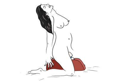 Illustration shows a naked person kneeling on top of a bed, their knees wrapped around either side of the Liberator Wanda. They are straddling the head of a wand massager to enjoy the vibrations between their legs while leaning back, placing their hands on the backside of the Wanda. | Kinkly Shop