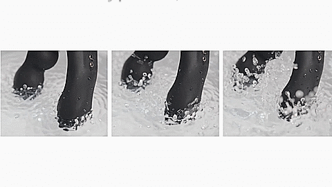 GIF shows three videos of the Lovense Edge 2 vibrating with its tips hovering in the water. There's a Low, Medium, and High intensity video showcasing the water being splashed all over. | Kinkly Shop