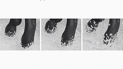 GIF shows three videos of the Lovense Edge 2 vibrating with its tips hovering in the water. There's a Low, Medium, and High intensity video showcasing the water being splashed all over. | Kinkly Shop