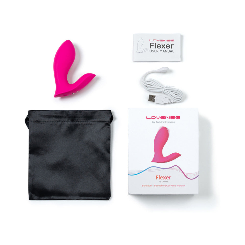 Everything that comes with the Lovense Flexer. This includes the vibrator itself, the black drawstring storage bag, the user manual, and the charging cable. | Kinkly Shop