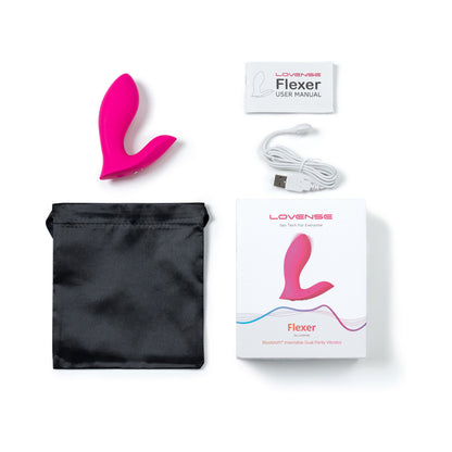 Everything that comes with the Lovense Flexer. This includes the vibrator itself, the black drawstring storage bag, the user manual, and the charging cable. | Kinkly Shop
