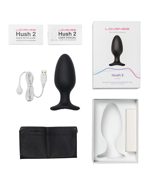 Everything included with the Lovense Hush 2 including the user manual, quick set-up guide, the charging cable, the toy itself, a drawstring storage bag, and the outer box itself. | Kinkly Shop