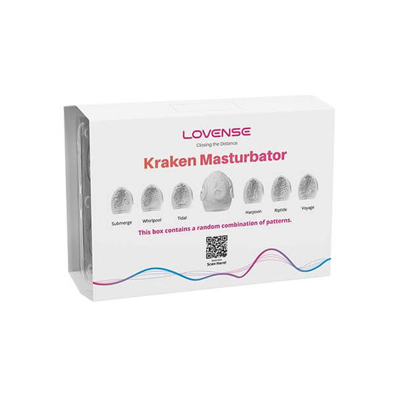 The packaging of the Lovense Kraken Eggs - 6-Pack. It looks like it comes in a plastic, egg-shaped container with a thin cardboard sleeve wrapped around the plastic casing. | Kinkly Shop