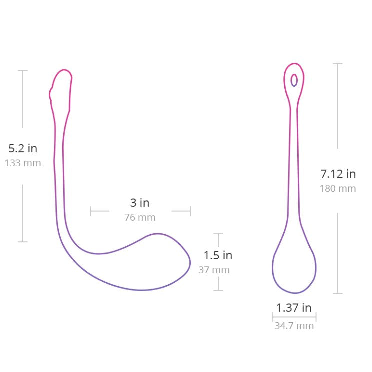 The outline of the Lovense Lush 2 shown with the measurements superimposed over the different views of the vibrator. | Kinkly Shop