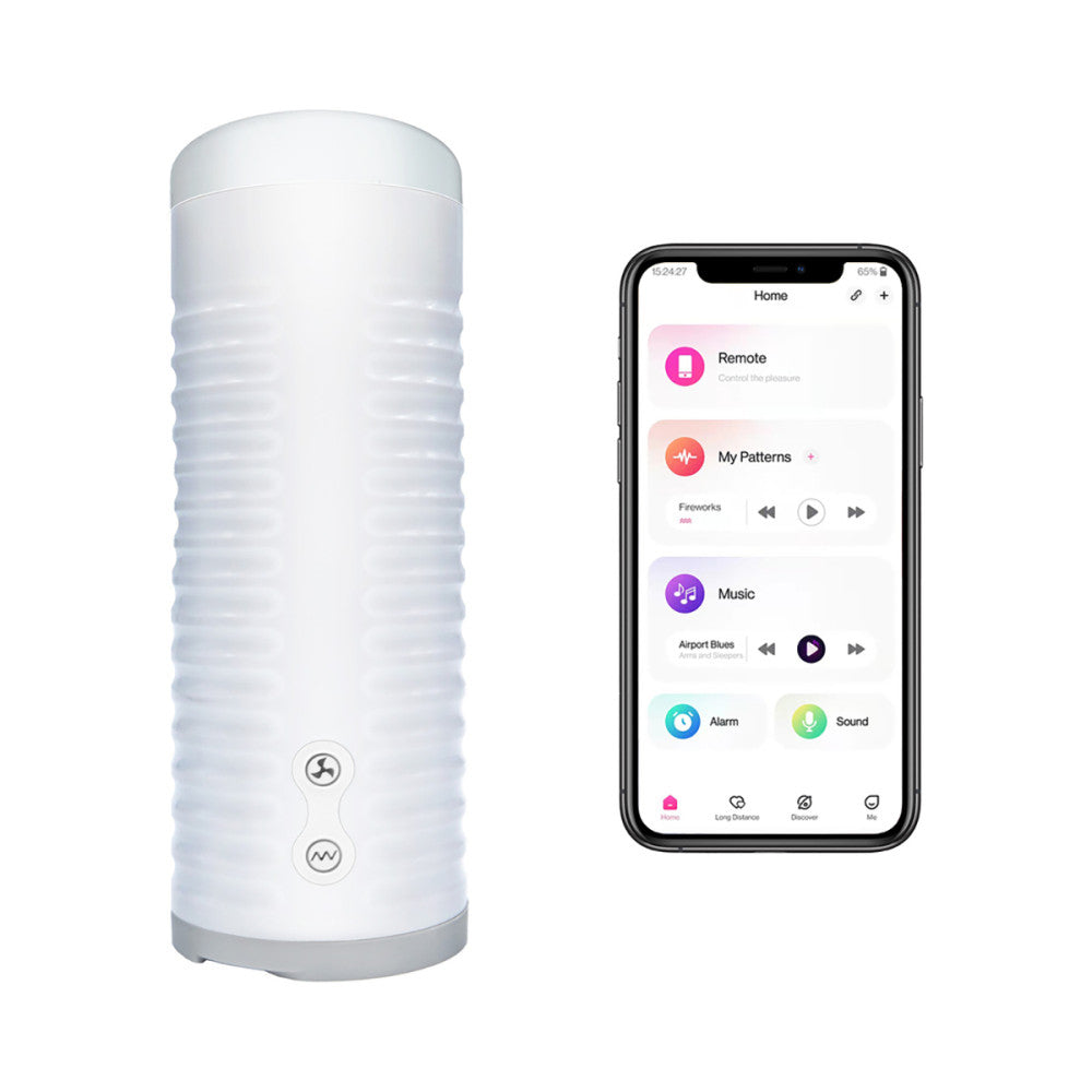The Lovense Max 2 stroker shown next to a cell phone that's open to the free cell phone app the masturbator can pair with. | Kinkly Shop