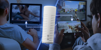 The Lovense Max 2 is shown in the middle of two collaged images. On one side, it shows that the stroker can sync with adult videos. On the other, it shows that the stroker can sync with games. | Kinkly Shop