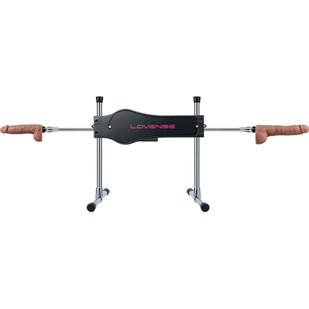 The Lovense Sex Machine shown at a tall, level height with a dildo sticking out from each side of the sex machine. This showcases how both dildos could be used simultaneously for joint use. | Kinkly Shop