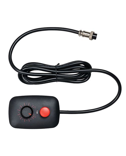 Close-up of the manual remote of the Lovense Sex Machine. It is on a long cord. The remote has a large red button as well as a incremental turn dial to control the thrusting speed. | Kinkly Shop