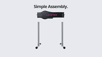 Long GIF of the Lovense Sex Machine being put together. It showcases the different parts of the machine being placed on, one after another. First the machine is slid onto the supporting rods, the rod caps are put on, and then the plastic cover is removed to attach the dildo connecting rods. The text reads "Simple assembly" | Kinkly Shop'
