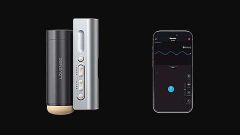 GIF shows the Lovense Solace Pro stroking up and down, shown next to a cell phone app that's synchronizing to the movement on the cell phone app's screen. | Kinkly