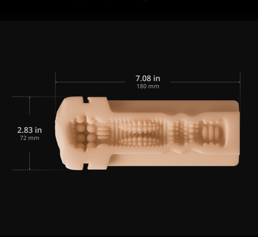 Cross-section of the internal texture of the stroker sleeve of the Lovense Solace Pro. The stroker is 7.08" in insertable length with a full width of 2.83" | Kinkly