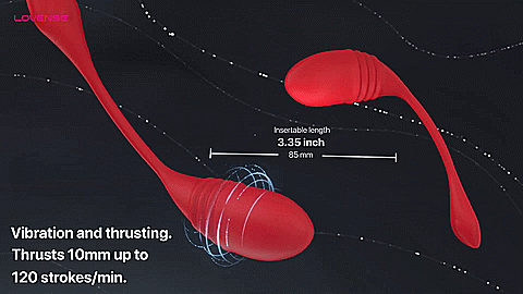 GIF showcases two Lovense Vulses next to one another, both of them thrusting. Text on the GIF reads: "Vibration and thrusting. Thrusts 10mm up to 120 strokes a minute. Insertable length: 3.35" , 85mm" | Kinkly Shop