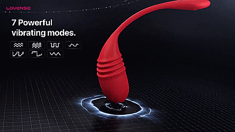 GIF showcases the Lovense Vulse's tip thrusting against an illustrated background. The text reads "7 powerful vibrating modes" | Kinkly Shop
