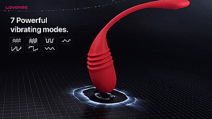 GIF showcases the Lovense Vulse's tip thrusting against an illustrated background. The text reads "7 powerful vibrating modes" | Kinkly Shop
