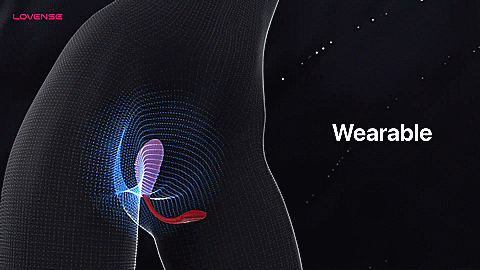 GIF showcases the Lovense Vulse being worn inside of a body. The thick shaft is inserted into the vagina, pressing against the g-spot, while the thin, flexible tail rests outside of the body. Text on the GIF reads "Wearable" | Kinkly Shop