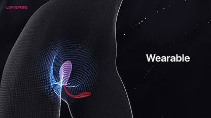 GIF showcases the Lovense Vulse being worn inside of a body. The thick shaft is inserted into the vagina, pressing against the g-spot, while the thin, flexible tail rests outside of the body. Text on the GIF reads "Wearable" | Kinkly Shop