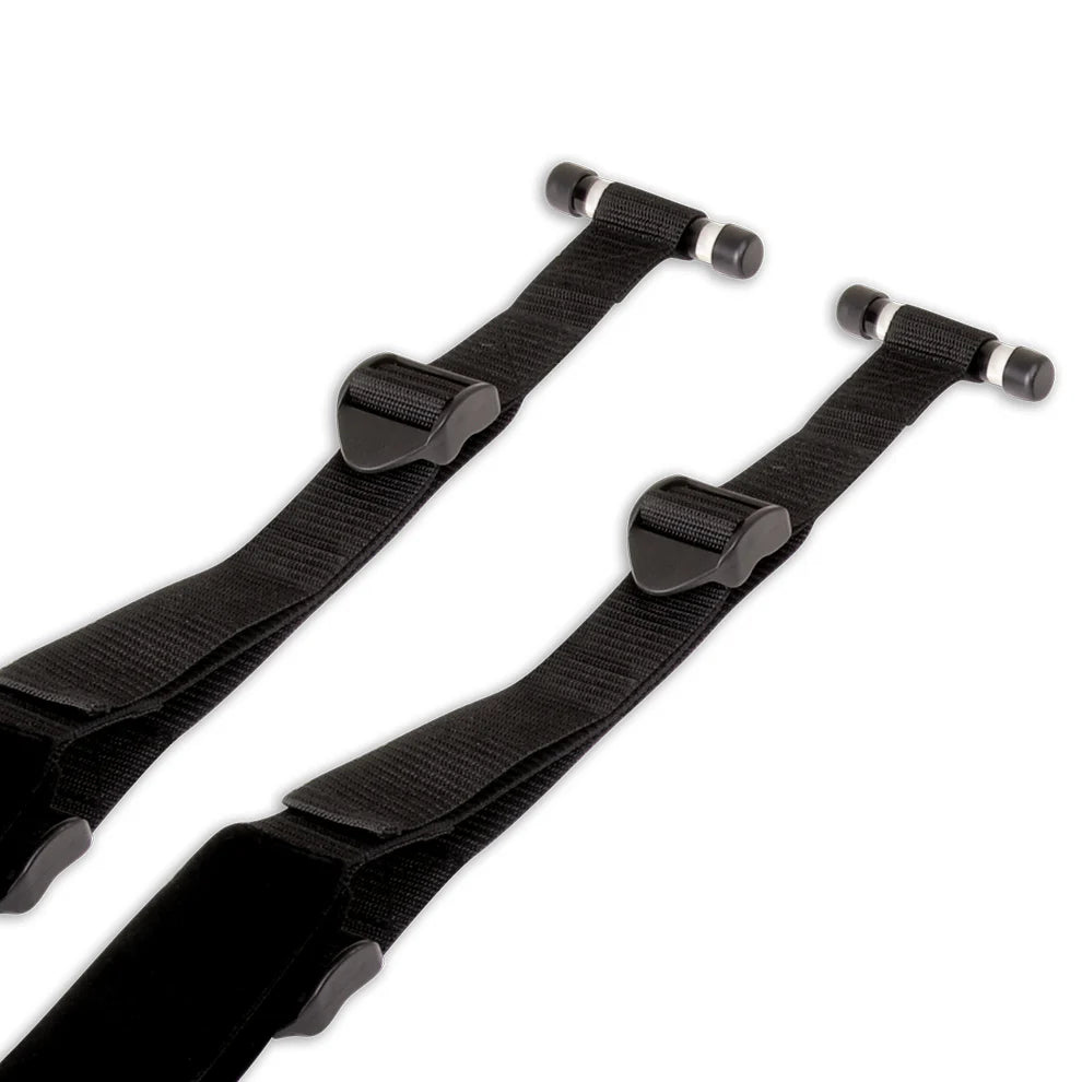 Close-up of the Lux Fetish Door Slam Love Swing that showcases the over-the-door jam stoppers that go over the door. Heavy-duty plastic buckles allow length adjustment of the thigh straps. | Kinkly Shop