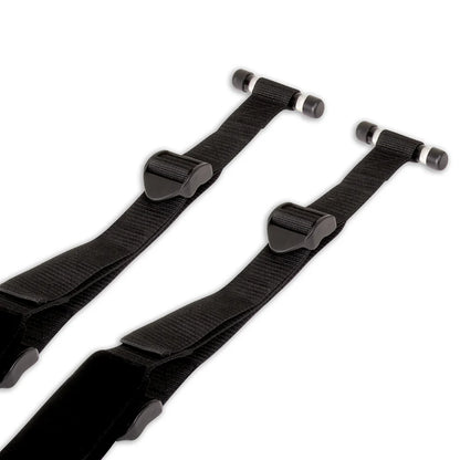 Close-up of the Lux Fetish Door Slam Love Swing that showcases the over-the-door jam stoppers that go over the door. Heavy-duty plastic buckles allow length adjustment of the thigh straps. | Kinkly Shop