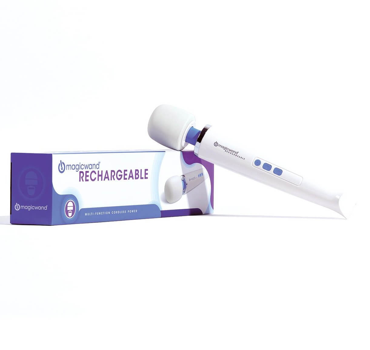 The Magic Wand Rechargeable leaning up against the box that it came in. | Kinkly Shop