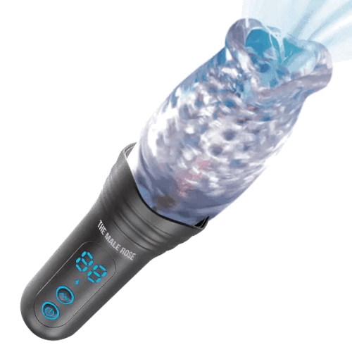GIF of The Male Rose Pro: Thrusting, Rotating, & Vibrating 3D being used. It showcases the up and down thrusting, rotations, and vibrations that the toy is equipped with. | Kinkly Shop