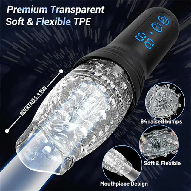 Collage of images that show the features of The Male Rose Pro: Thrusting, Rotating, & Vibrating 3D. Text reads: "Premium transparent soft & flexible TPR. Insertable length: 3.15". 94 raised bumps. soft and flexible. Mouthpiece design. | Kinkly Shop