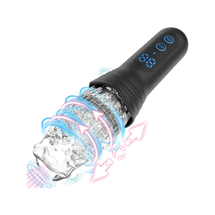 The Male Rose Pro: Thrusting, Rotating, & Vibrating 3D with movement icons superimposed over it. It shows that the toy vibrates, spins, and thrusts up and down. | Kinkly Shop