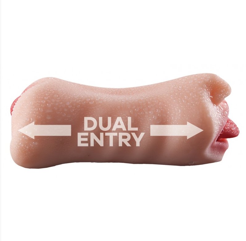 Side profile of the Man Eater stroker showcasing the double-entrance design of the Man Eater. There's the mouth on one end with the vulva on the other. | Kinkly Shop